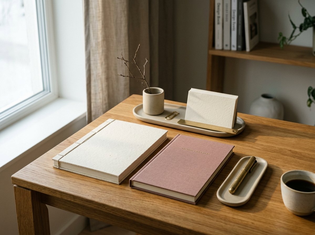 A calm stationery workspace with a notebook, pen and neatly arranged paper essentials.