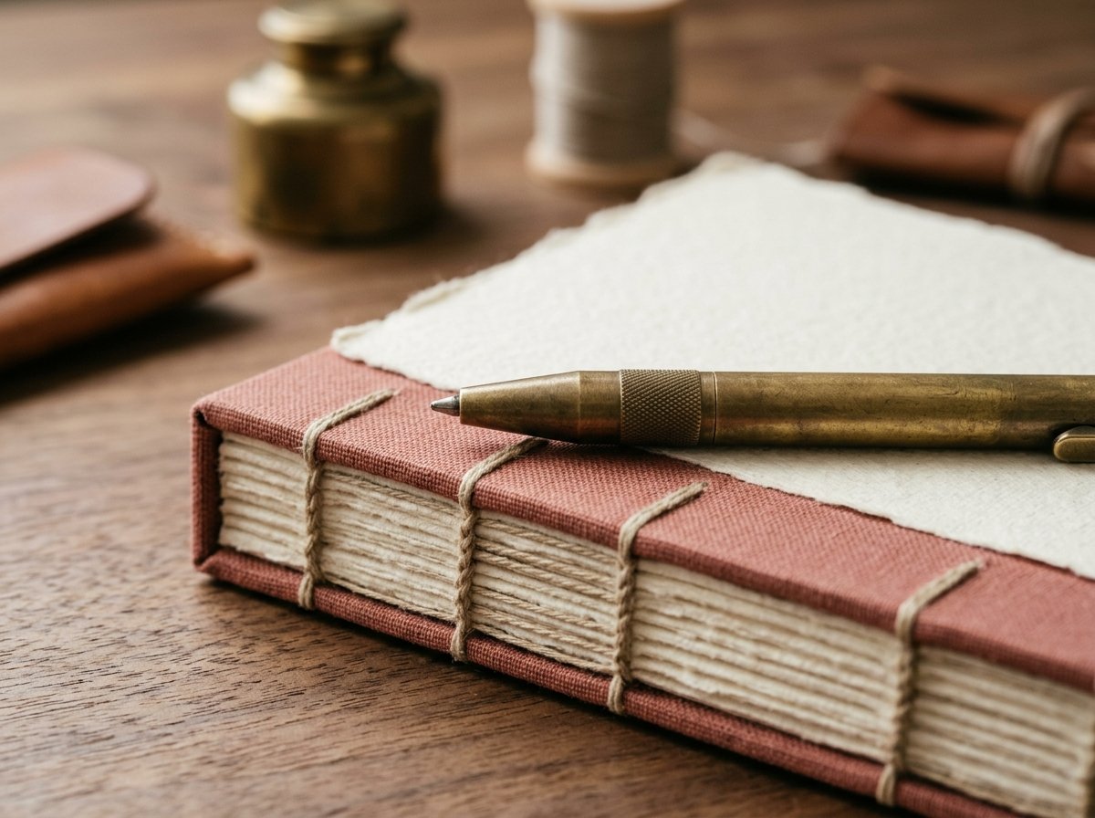 Close view of paper, a pen and a notebook arranged on a workspace.