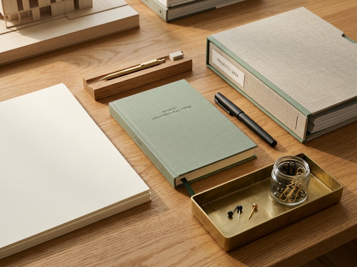 Notebook and pen arranged neatly on a workspace.