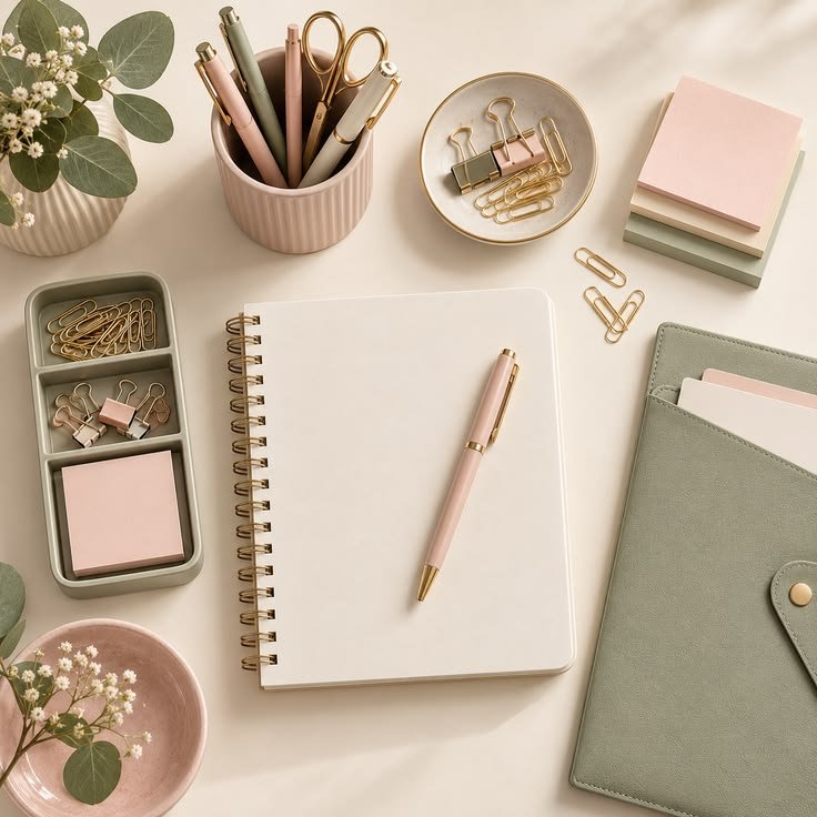 Professional office desk with organized stationery and filing essentials.